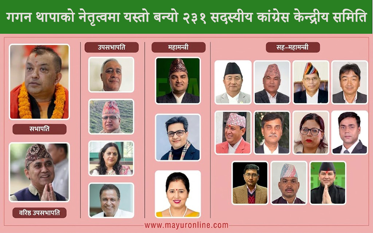 गगन थापाको नेतृत्वमा बन्यो २३१ सदस्यीय कांग्रेस केन्द्रीय समिति, यस्तो छ पदाधिकारीसहितको सूची
